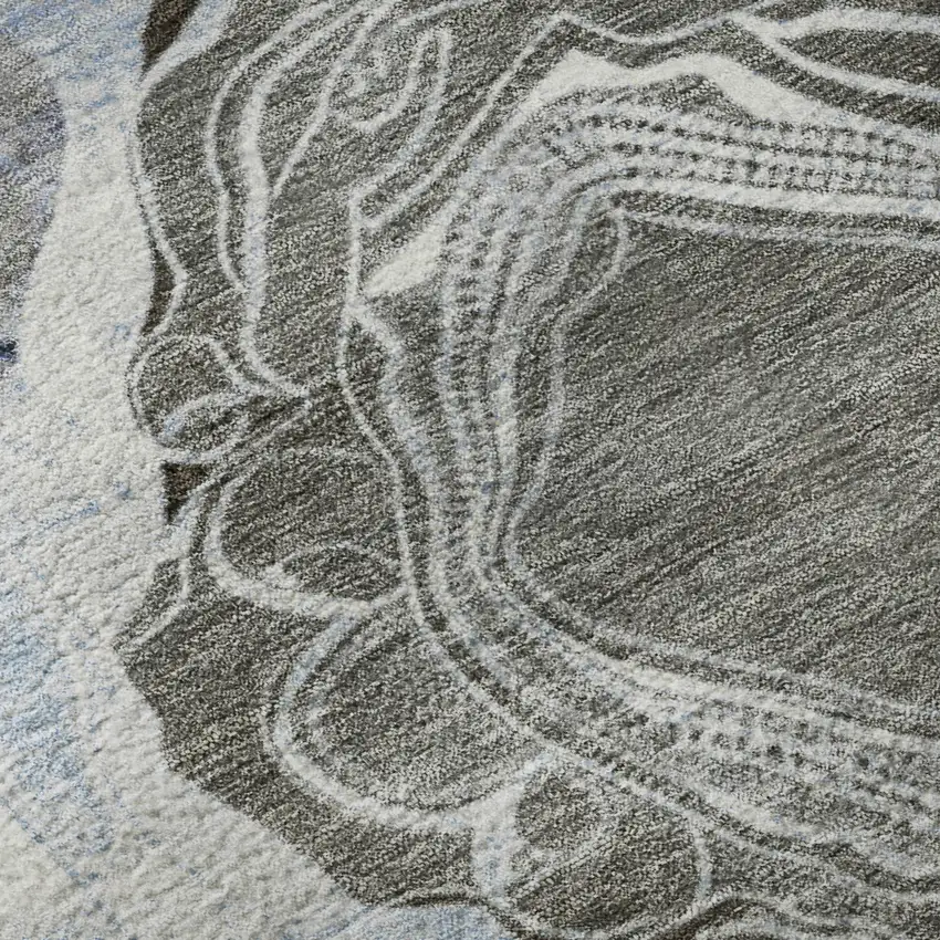 8' Sky Blue Charcoal And Ivory Geometric Washable Round Rug With UV Protection Photo 9