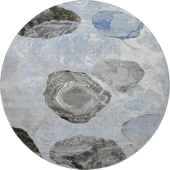 8' Sky Blue Charcoal And Ivory Geometric Washable Round Rug With UV Protection Photo 3