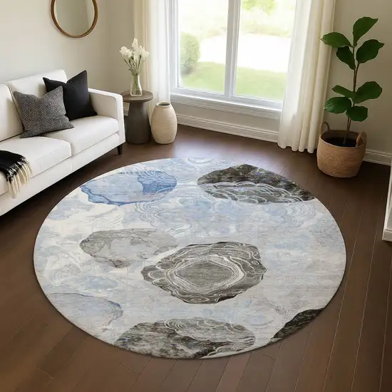 8' Sky Blue Charcoal And Ivory Geometric Washable Round Rug With UV Protection Photo 4