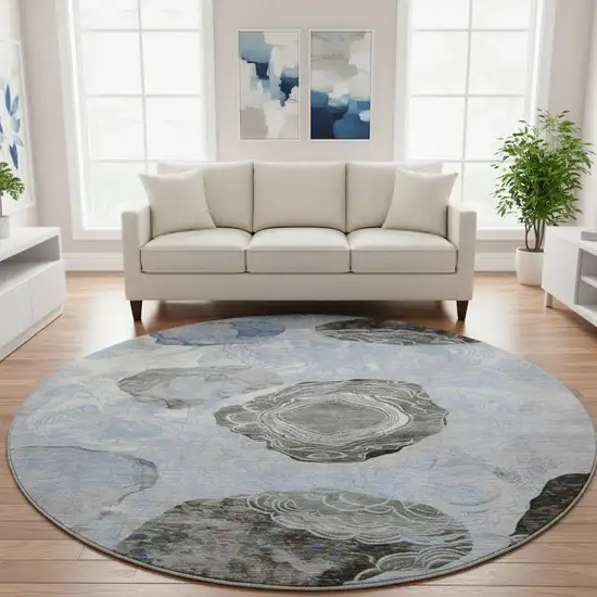8' Sky Blue Charcoal And Ivory Geometric Washable Round Rug With UV Protection Photo 2