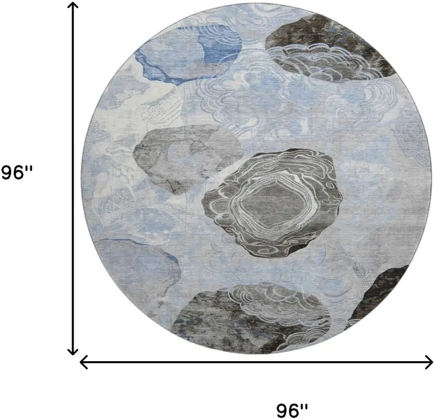 8' Sky Blue Charcoal And Ivory Geometric Washable Round Rug With UV Protection Photo 9