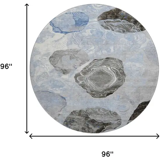 8' Sky Blue Charcoal And Ivory Geometric Washable Round Rug With UV Protection Photo 9