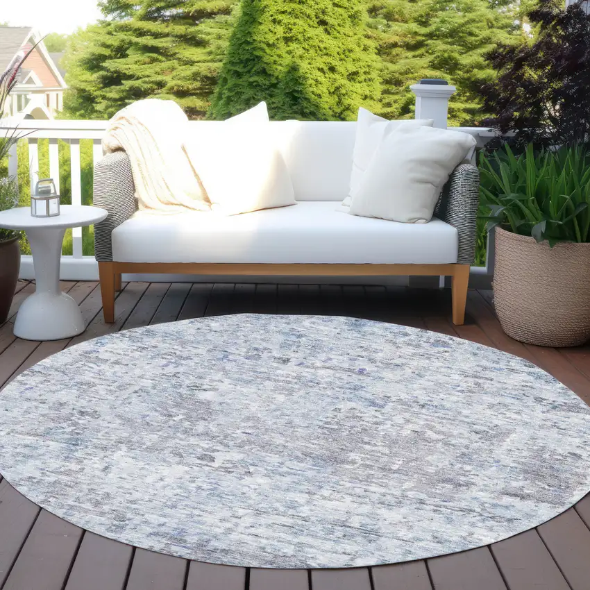 8' Sky Blue Charcoal And Ivory Round Abstract Washable Indoor Outdoor Area Rug Photo 7