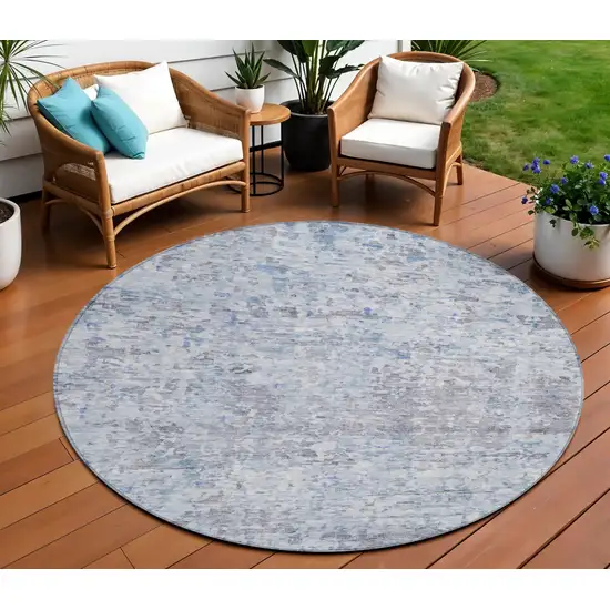 8' Sky Blue Charcoal And Ivory Round Abstract Washable Indoor Outdoor Area Rug Photo 1