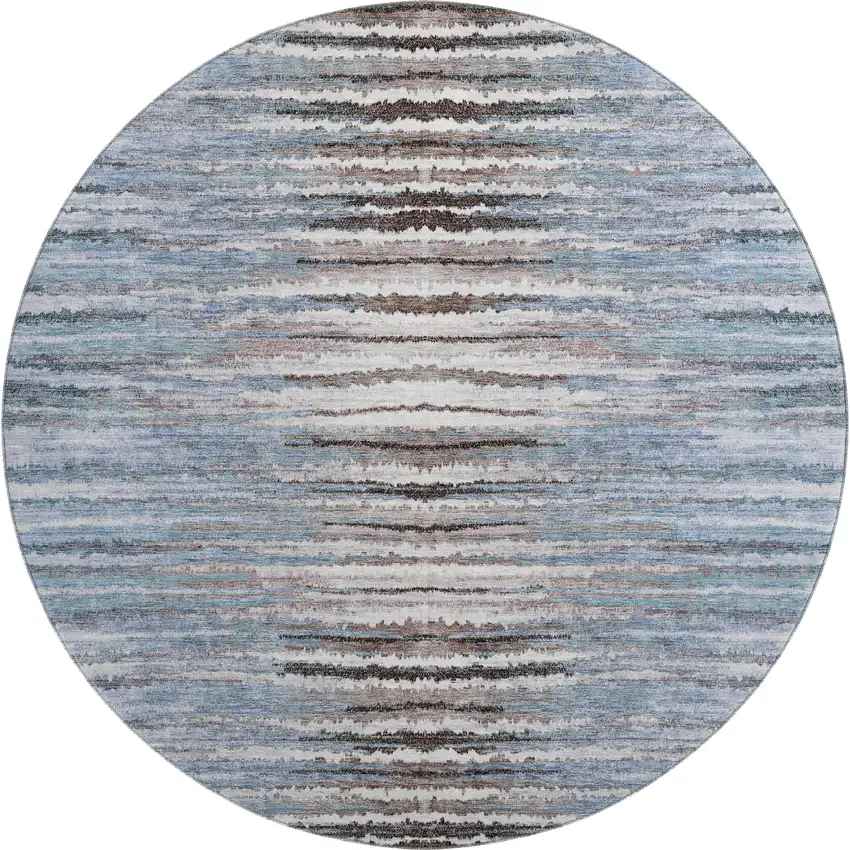 8' Sky Blue Coffee And Ivory Striped Washable Round Rug With UV Protection Photo 1