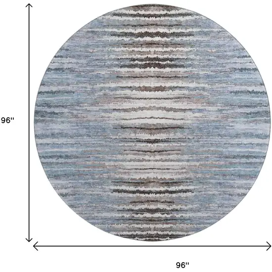 8' Sky Blue Coffee And Ivory Striped Washable Round Rug With UV Protection Photo 9