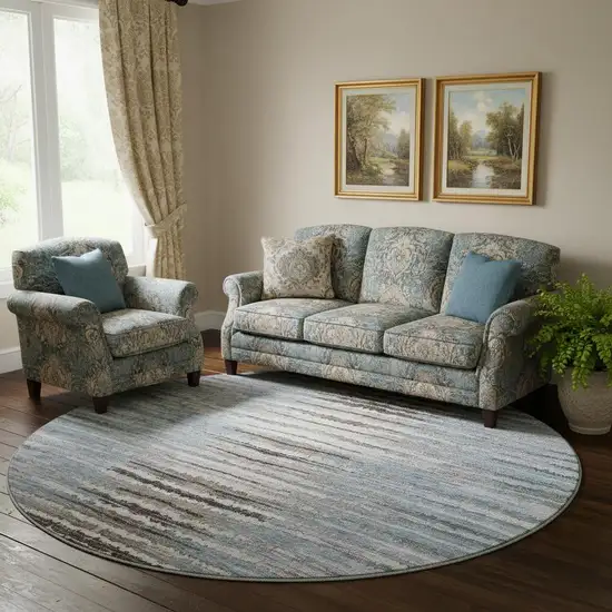 8' Sky Blue Coffee And Ivory Striped Washable Round Rug With UV Protection Photo 1