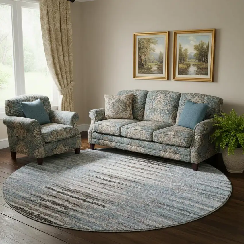 8' Sky Blue Coffee And Ivory Striped Washable Round Rug With UV Protection Photo 1