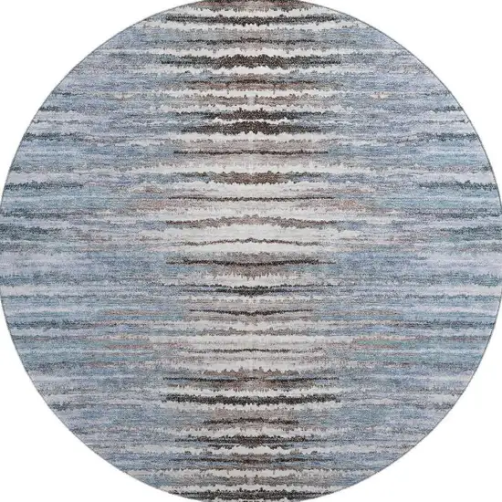 8' Sky Blue Coffee And Ivory Striped Washable Round Rug With UV Protection Photo 3
