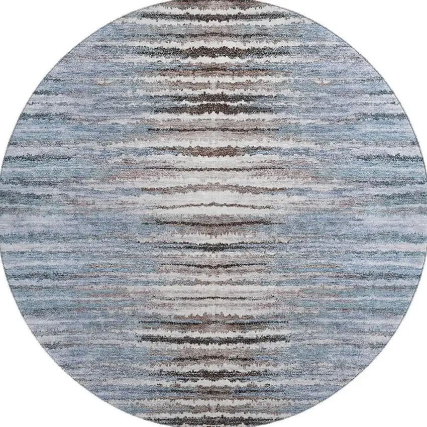 8' Sky Blue Coffee And Ivory Striped Washable Round Rug With UV Protection Photo 3
