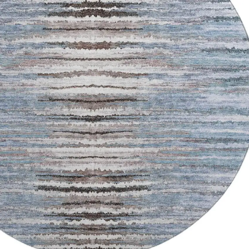 8' Sky Blue Coffee And Ivory Striped Washable Round Rug With UV Protection Photo 2
