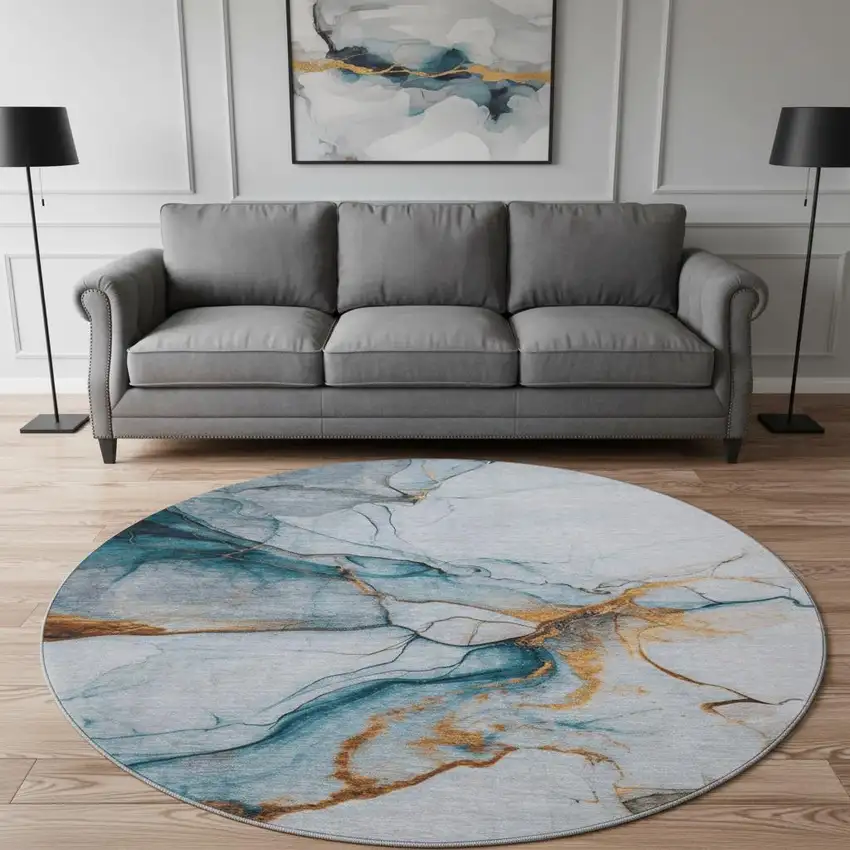 8' Sky Blue Copper And Ivory Abstract Washable Round Rug With UV Protection Photo 2