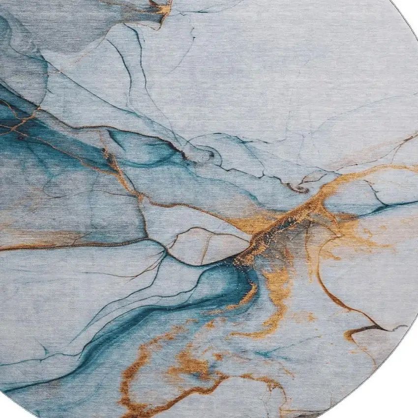 8' Sky Blue Copper And Ivory Abstract Washable Round Rug With UV Protection Photo 2