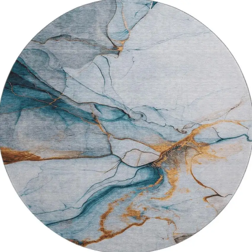 8' Sky Blue Copper And Ivory Abstract Washable Round Rug With UV Protection Photo 3