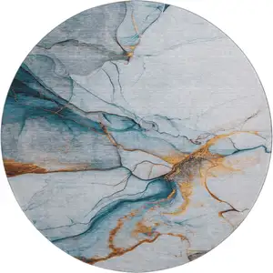 Photo of 8' Sky Blue Copper And Ivory Abstract Washable Round Rug With UV Protection