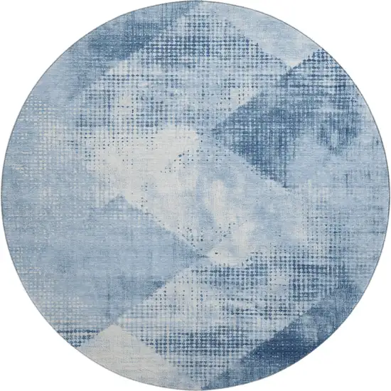 8' Sky Blue Denim Blue And Ivory Diamond Washable Round Rug With UV Protection Photo 1