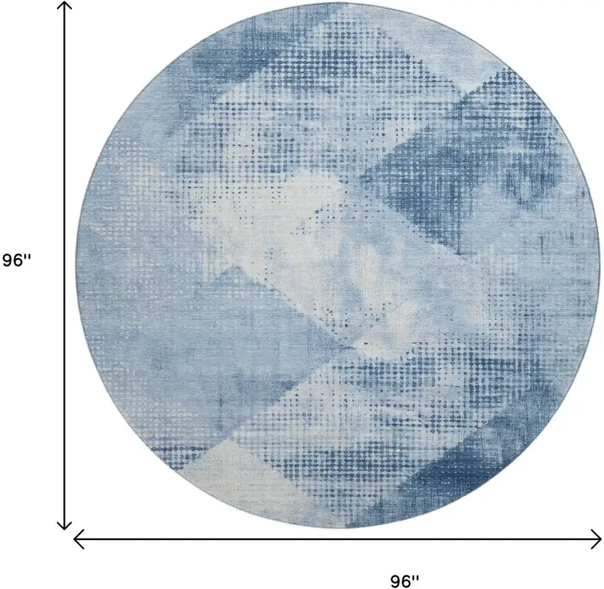 8' Sky Blue Denim Blue And Ivory Diamond Washable Round Rug With UV Protection Photo 9