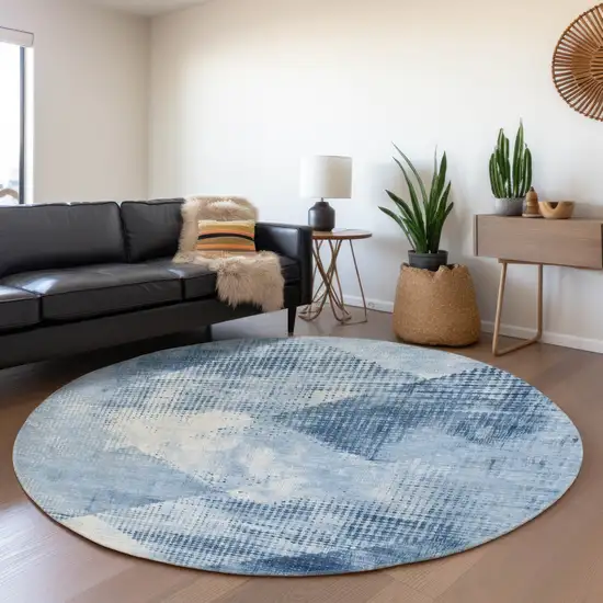 8' Sky Blue Denim Blue And Ivory Diamond Washable Round Rug With UV Protection Photo 4