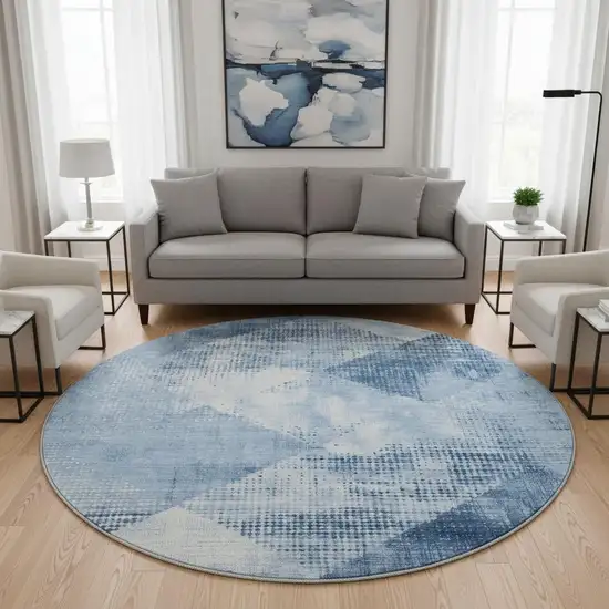8' Sky Blue Denim Blue And Ivory Diamond Washable Round Rug With UV Protection Photo 2