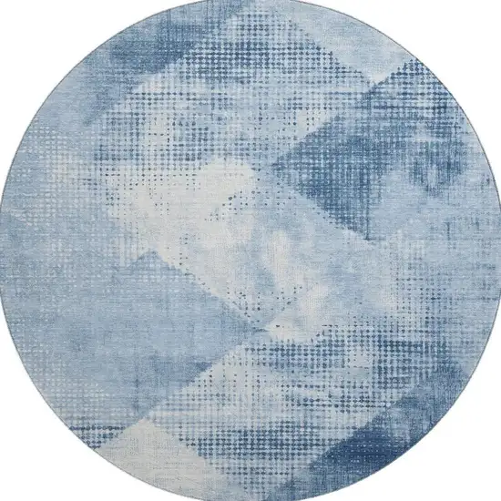 8' Sky Blue Denim Blue And Ivory Diamond Washable Round Rug With UV Protection Photo 3