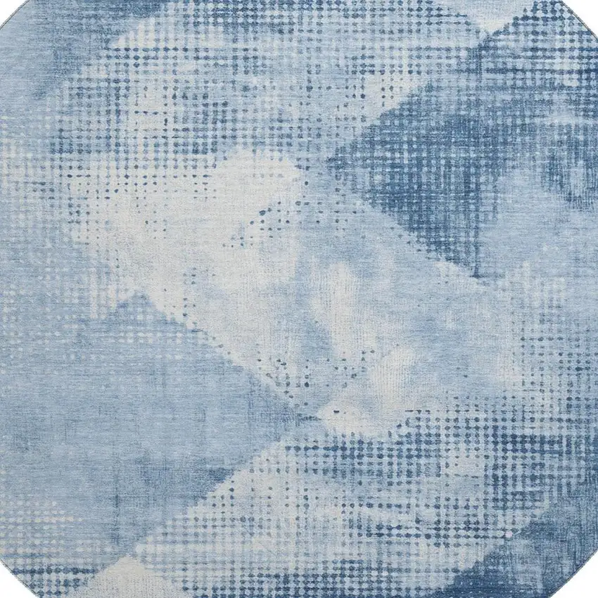 8' Sky Blue Denim Blue And Ivory Diamond Washable Round Rug With UV Protection Photo 2