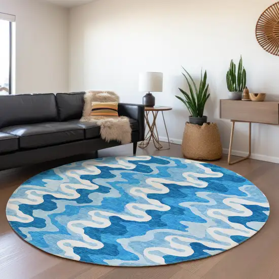8' Sky Blue Denim Blue And Ivory Round Abstract Washable Indoor Outdoor Area Rug Photo 6