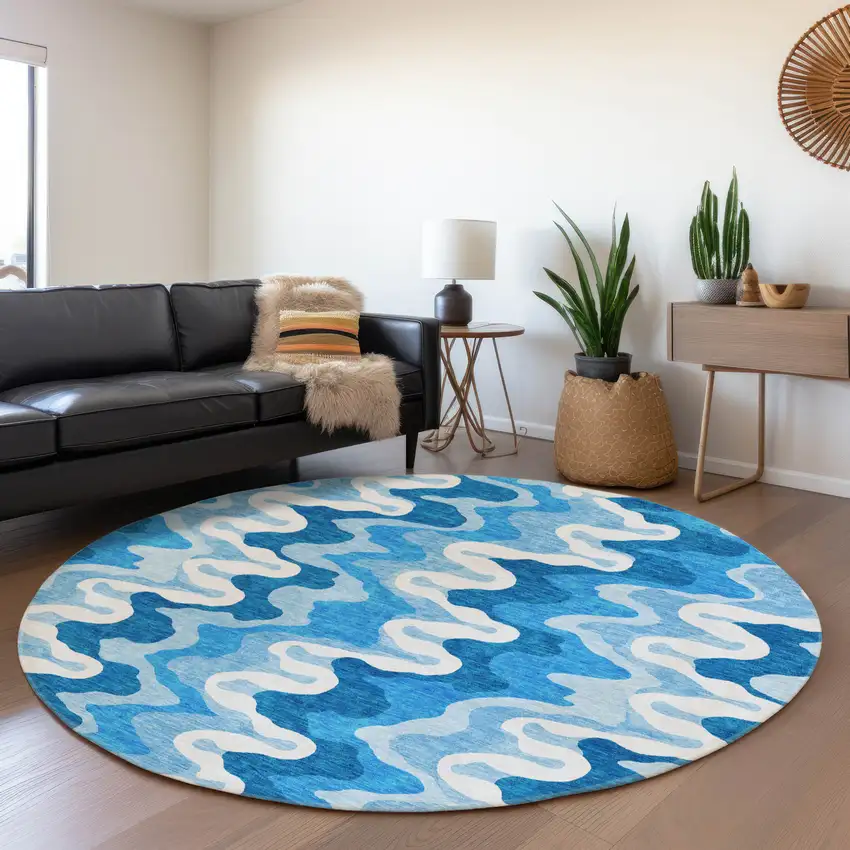 8' Sky Blue Denim Blue And Ivory Round Abstract Washable Indoor Outdoor Area Rug Photo 6
