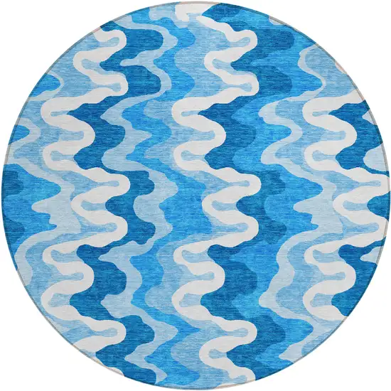 8' Sky Blue Denim Blue And Ivory Round Abstract Washable Indoor Outdoor Area Rug Photo 1