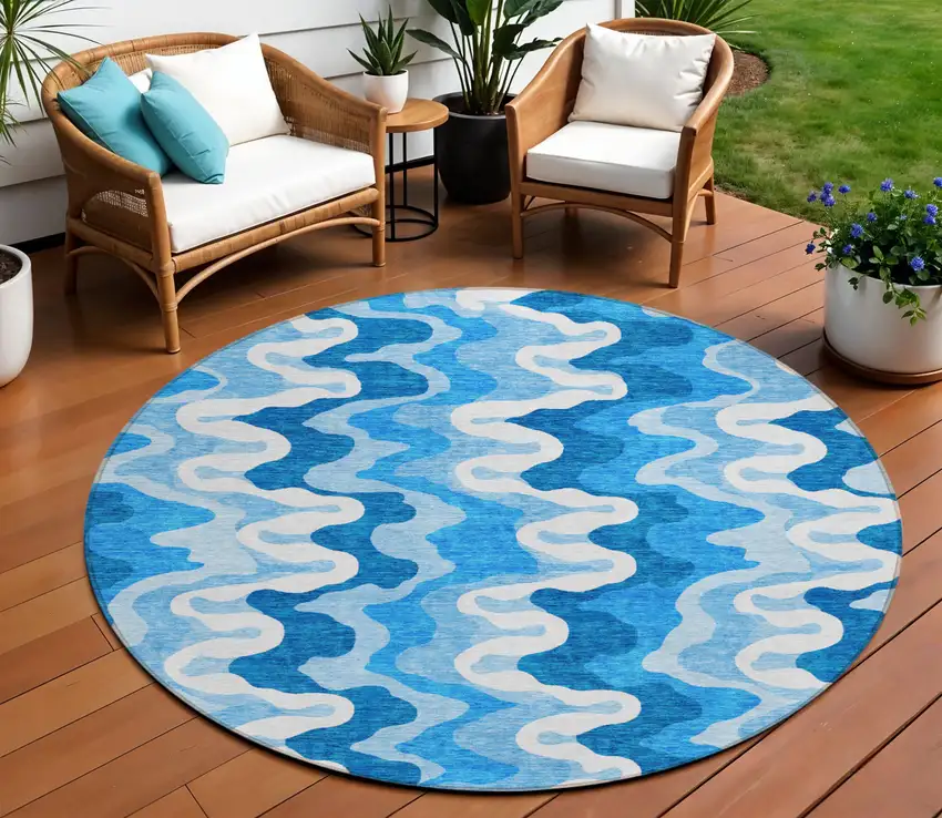 8' Sky Blue Denim Blue And Ivory Round Abstract Washable Indoor Outdoor Area Rug Photo 1