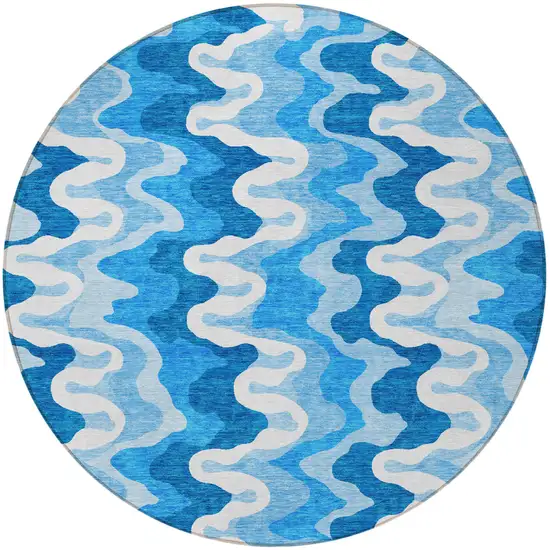 8' Sky Blue Denim Blue And Ivory Round Abstract Washable Indoor Outdoor Area Rug Photo 4
