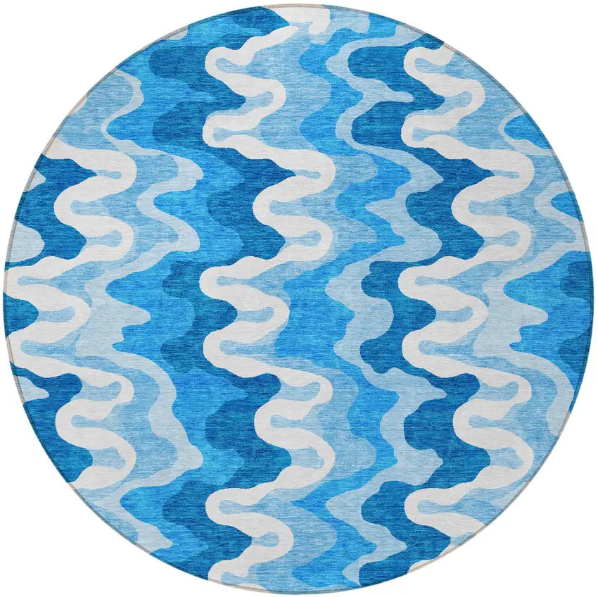 8' Sky Blue Denim Blue And Ivory Round Abstract Washable Indoor Outdoor Area Rug Photo 4