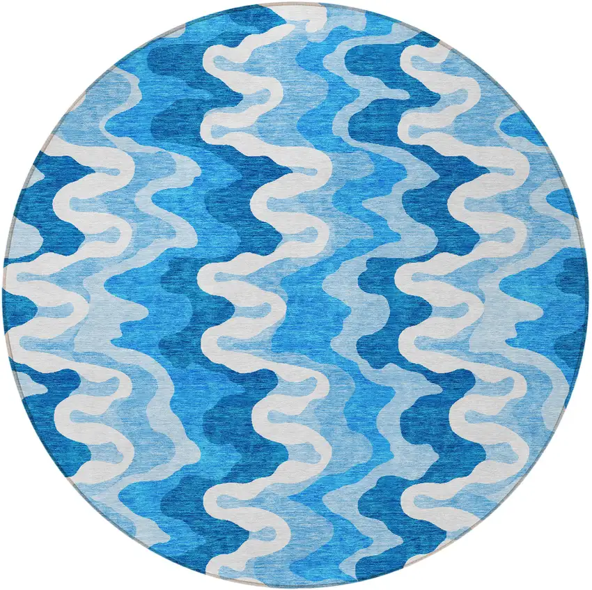 8' Sky Blue Denim Blue And Ivory Round Abstract Washable Indoor Outdoor Area Rug Photo 4