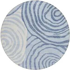 Photo of 8' Sky Blue Denim Blue And Ivory Round Abstract Washable Indoor Outdoor Area Rug