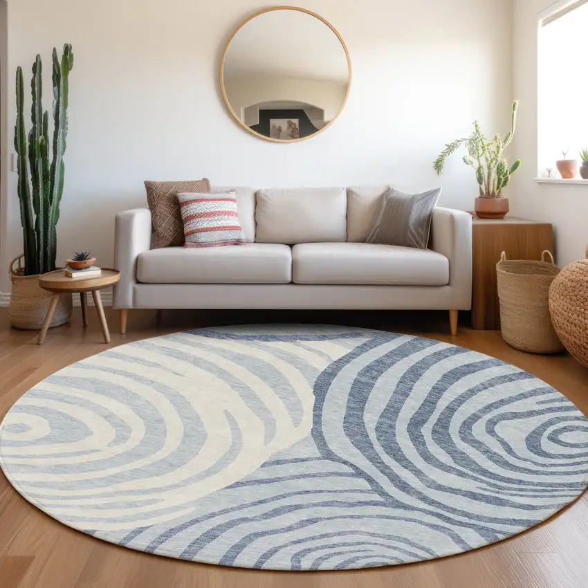 8' Sky Blue Denim Blue And Ivory Round Abstract Washable Indoor Outdoor Area Rug Photo 6