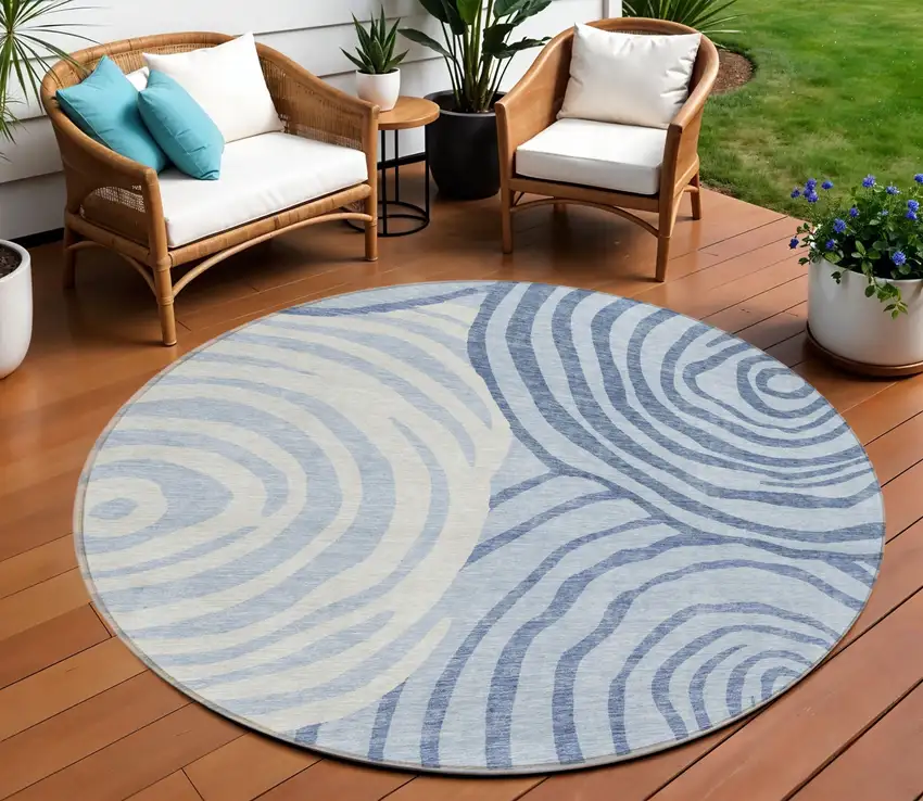8' Sky Blue Denim Blue And Ivory Round Abstract Washable Indoor Outdoor Area Rug Photo 1