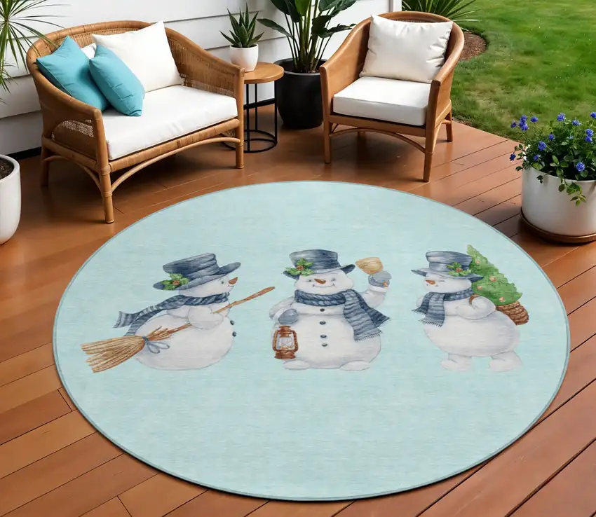 8' Sky Blue Denim Blue And Ivory Round Snowmen Washable Indoor Outdoor Area Rug Photo 1