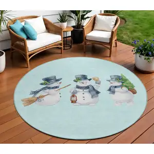 Photo of 8' Sky Blue Denim Blue And Ivory Round Botanical Leaves Washable Indoor Outdoor Area Rug