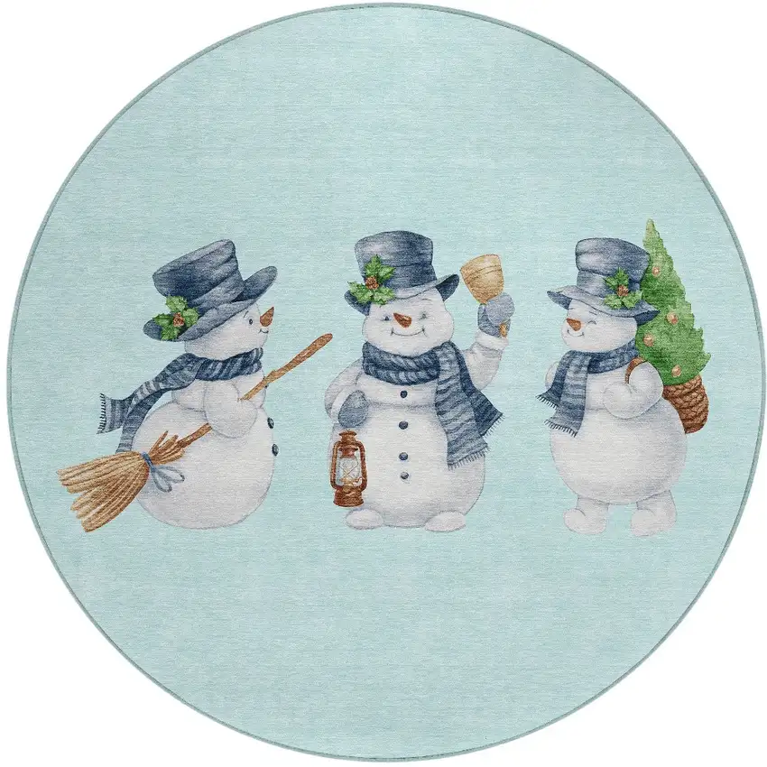 8' Sky Blue Denim Blue And Ivory Round Snowmen Washable Indoor Outdoor Area Rug Photo 4