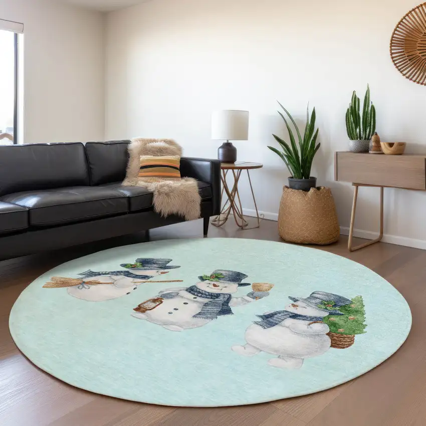 8' Sky Blue Denim Blue And Ivory Round Snowmen Washable Indoor Outdoor Area Rug Photo 6
