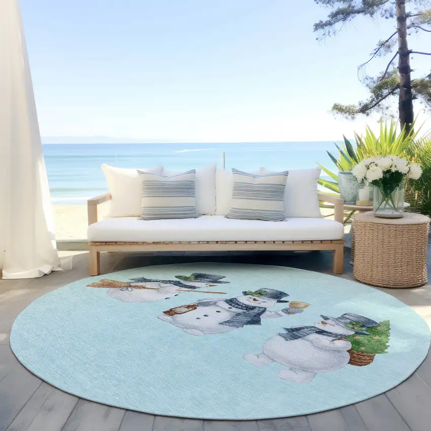 8' Sky Blue Denim Blue And Ivory Round Snowmen Washable Indoor Outdoor Area Rug Photo 5