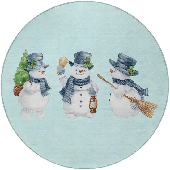 8' Sky Blue Denim Blue And Ivory Round Snowmen Washable Indoor Outdoor Area Rug Photo 2