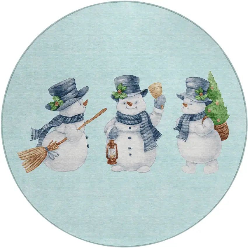 8' Sky Blue Denim Blue And Ivory Round Snowmen Washable Indoor Outdoor Area Rug Photo 3