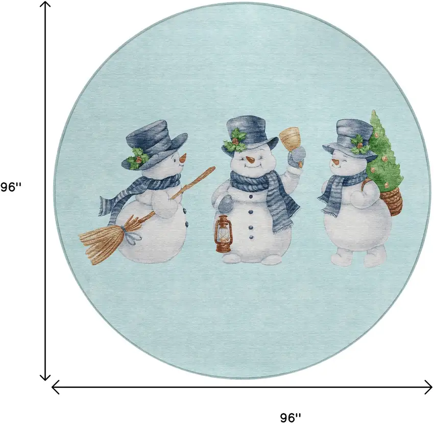 8' Sky Blue Denim Blue And Ivory Round Snowmen Washable Indoor Outdoor Area Rug Photo 8
