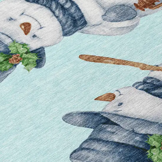8' Sky Blue Denim Blue And Ivory Round Snowmen Washable Indoor Outdoor Area Rug Photo 8