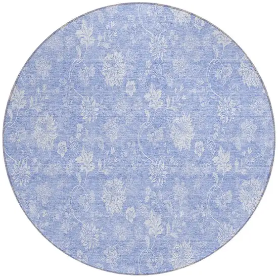 8' Sky Blue Denim Blue And Ivory Round Floral Washable Indoor Outdoor Area Rug Photo 5