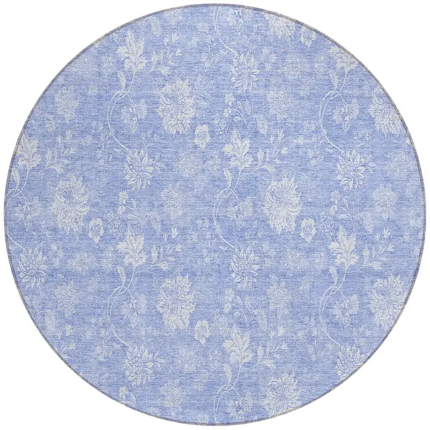 8' Sky Blue Denim Blue And Ivory Round Floral Washable Indoor Outdoor Area Rug Photo 5