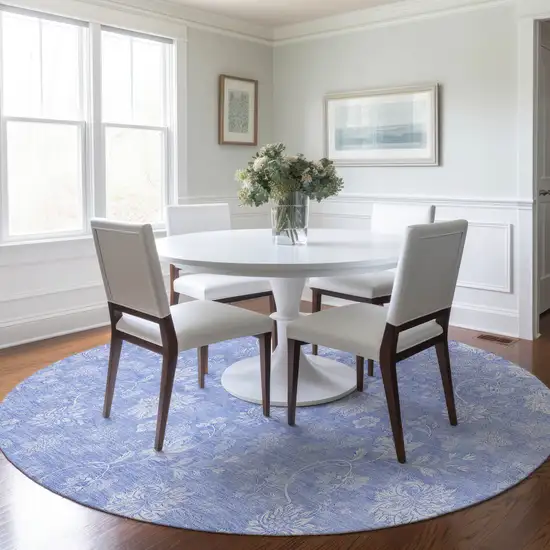 8' Sky Blue Denim Blue And Ivory Round Floral Washable Indoor Outdoor Area Rug Photo 7