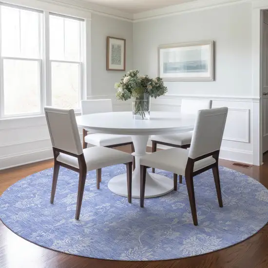 8' Sky Blue Denim Blue And Ivory Round Floral Washable Indoor Outdoor Area Rug Photo 7