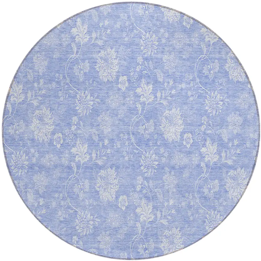 8' Sky Blue Denim Blue And Ivory Round Floral Washable Indoor Outdoor Area Rug Photo 2