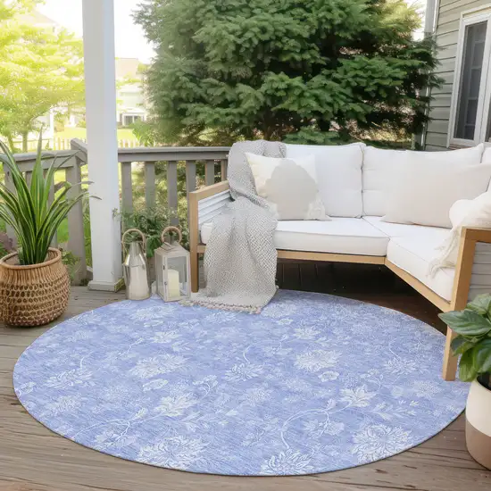 8' Sky Blue Denim Blue And Ivory Round Floral Washable Indoor Outdoor Area Rug Photo 6
